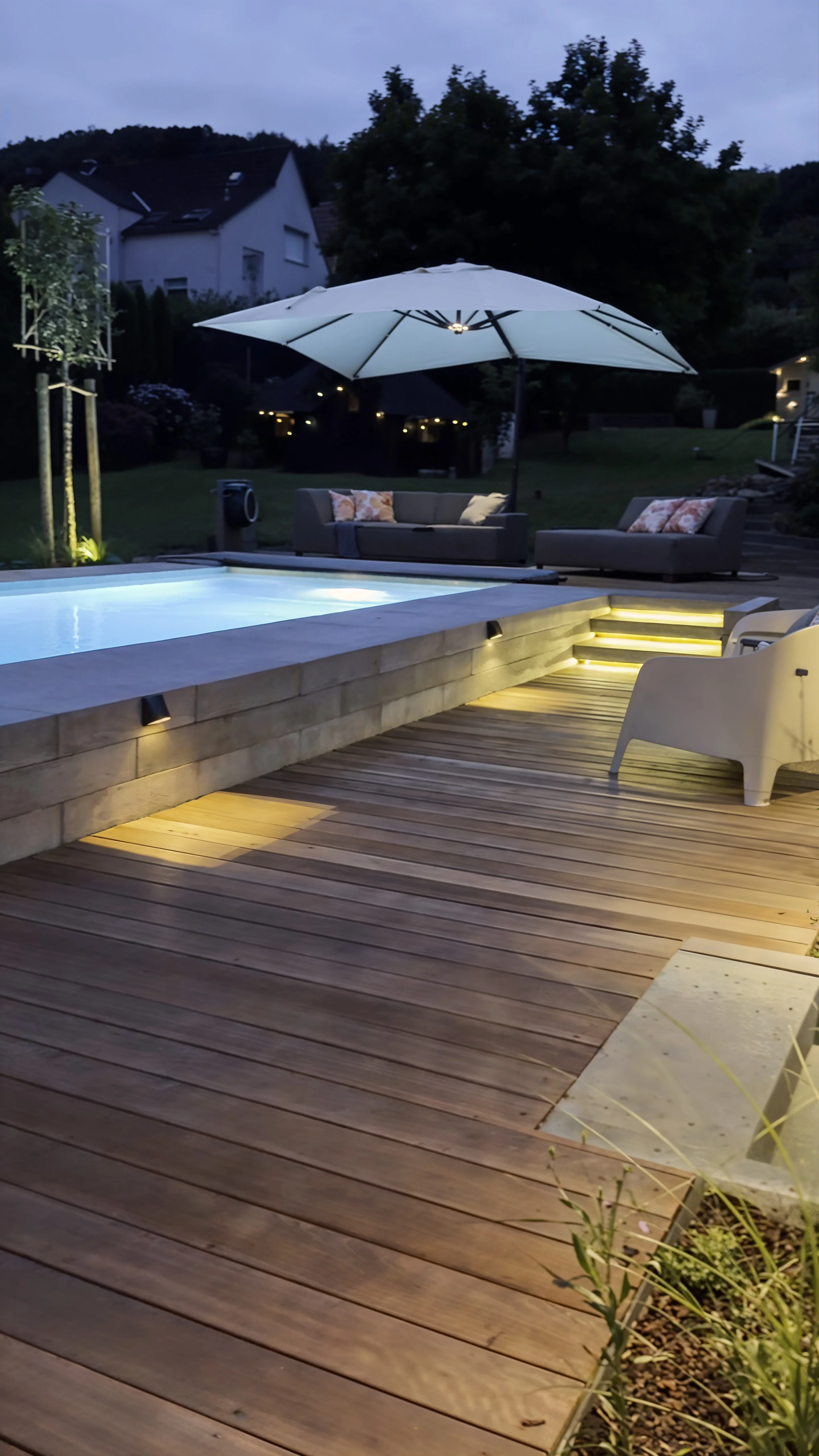 Derselbe Garten am Abend: Licht in den Stufen, beleuchtetes Becken, Sonnenschirm und Sitzmöbel.